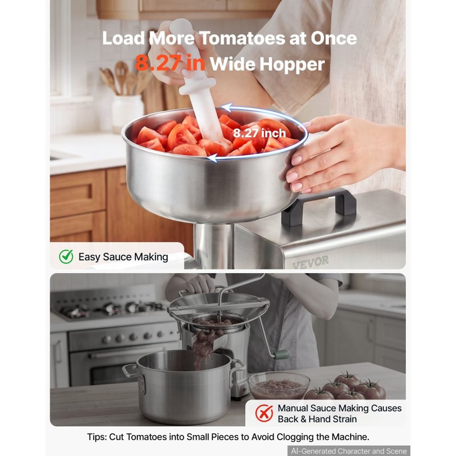 VEVOR Electric Tomato Strainer 250W Food Mill and Sauce Maker 90 kg/H, Commercial Grade For Apple Sauce, Strawberry and Blueberry Jam, Stainless Steel Tomato Milling Press Machine, Large Hopper