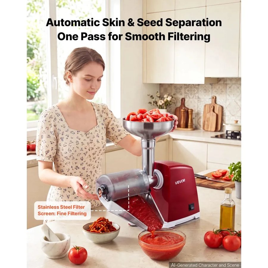 VEVOR Electric Tomato Strainer 800W Max (Rated Power: 150W) Sauce Maker, 40 kg/H For Purees, Strawberry, Salsa, Stainless Steel Tomato Food Mill Press Machine, 1mm, 1.5mm, 3mm & 6mm Screens, Red