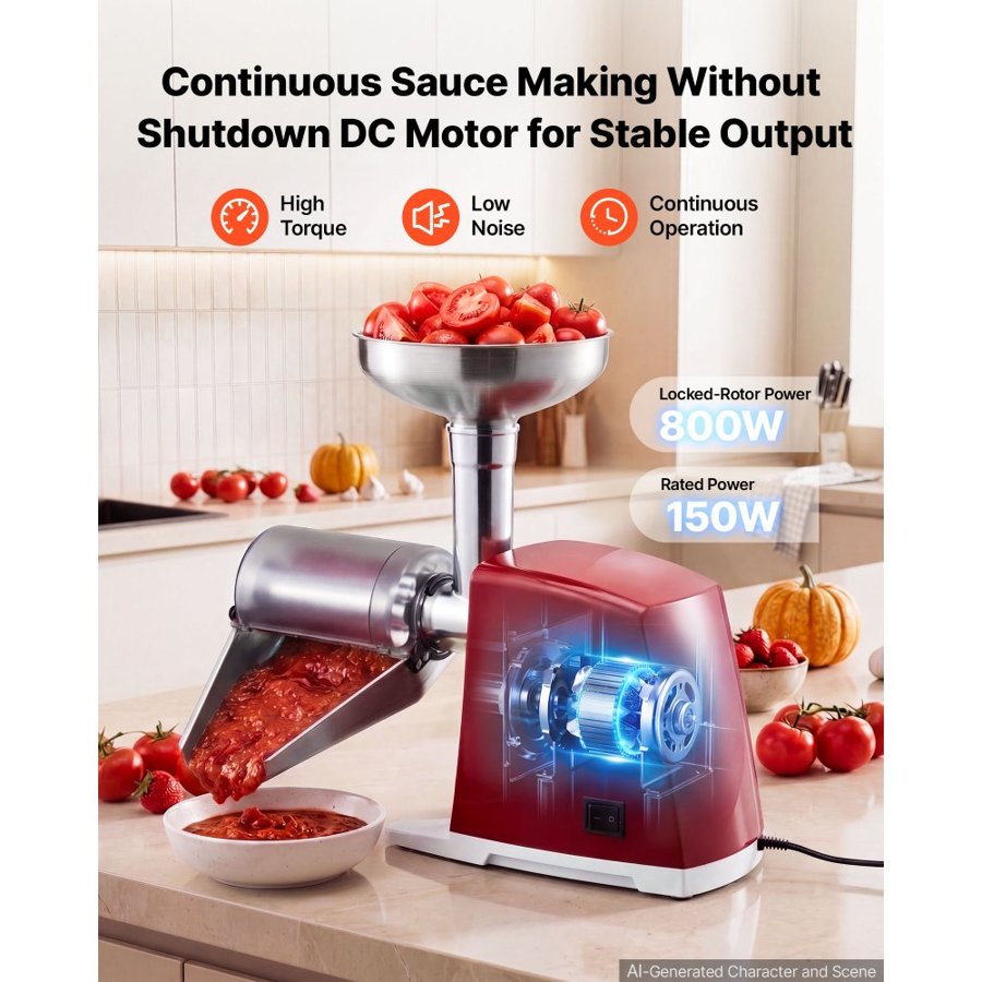 VEVOR Electric Tomato Strainer 800W Max (Rated Power: 150W) Sauce Maker, 40 kg/H For Purees, Strawberry, Salsa, Stainless Steel Tomato Food Mill Press Machine, 1mm, 1.5mm, 3mm & 6mm Screens, Red