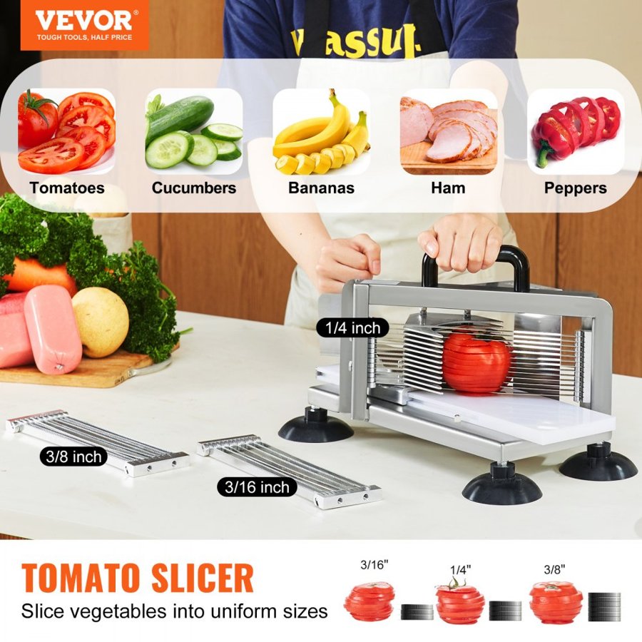 VEVOR Commercial Tomato Slicer, 1/4"+3/8"+3/16" Tomato Cutter Slicer, Stainless Steel Heavy Duty Tomato Slicer Machine, Manual Tomato Slicer with Non-slip Feet, Cutting Tomatoes, Cucumbers, Bananas