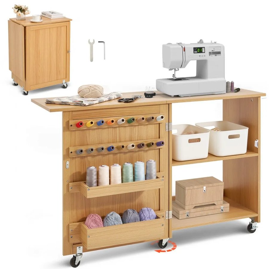 VEVOR Folding Sewing Table, Multipurpose Sewing Machine Table with Compact Design, Wheels, Shelves, Storage Trays, Wooden Pegs, and Magnetic Doors, Sewing Desk Cabinet for Sewing Machine, Wood Color