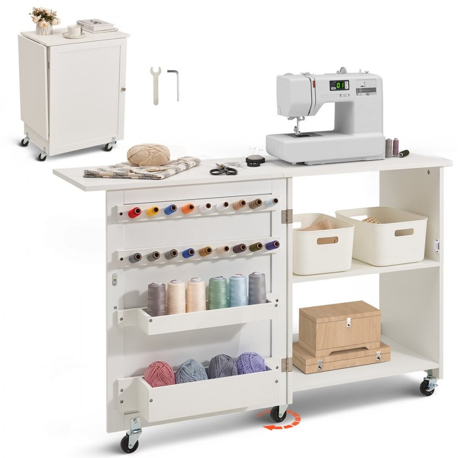 VEVOR Folding Sewing Table, Multipurpose Sewing Machine Table with Compact Design, Wheels, Shelves, Storage Trays, Wooden Pegs, and Magnetic Doors, Sewing Desk Cabinet for Sewing Machine, White