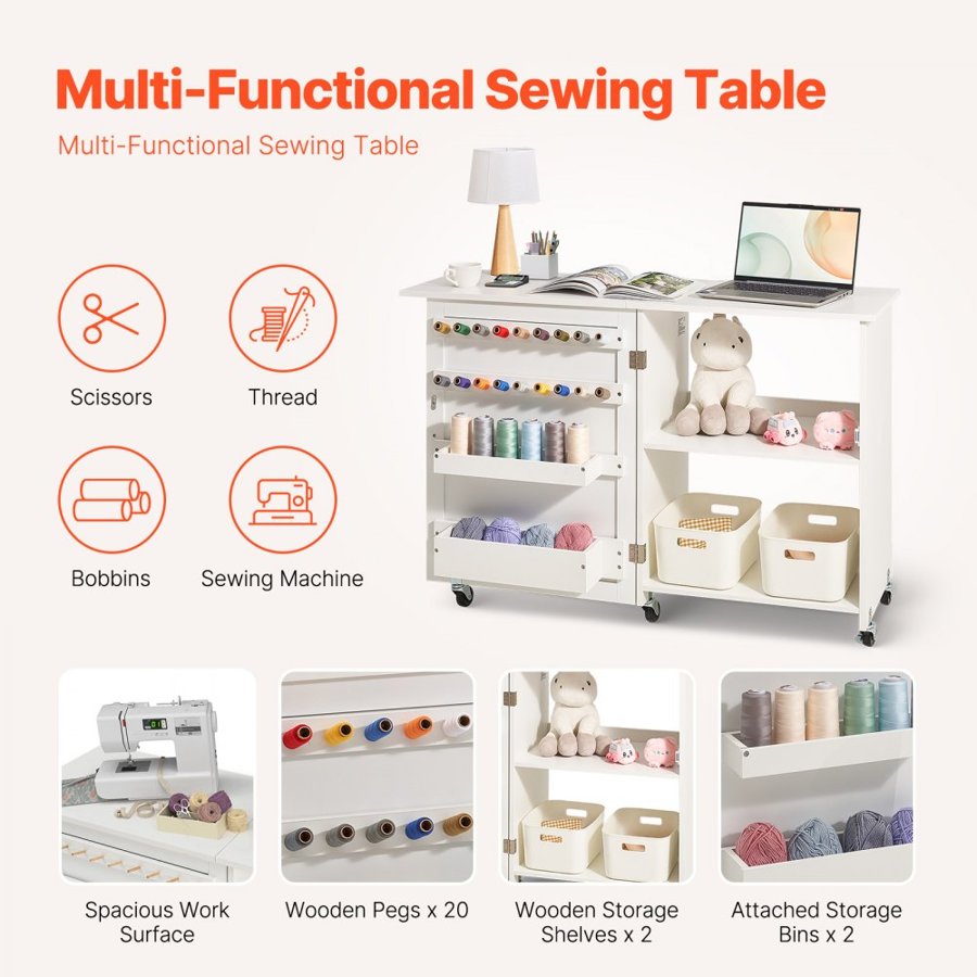 VEVOR Folding Sewing Table, Multipurpose Sewing Machine Table with Compact Design, Wheels, Shelves, Storage Trays, Wooden Pegs, and Magnetic Doors, Sewing Desk Cabinet for Sewing Machine, White