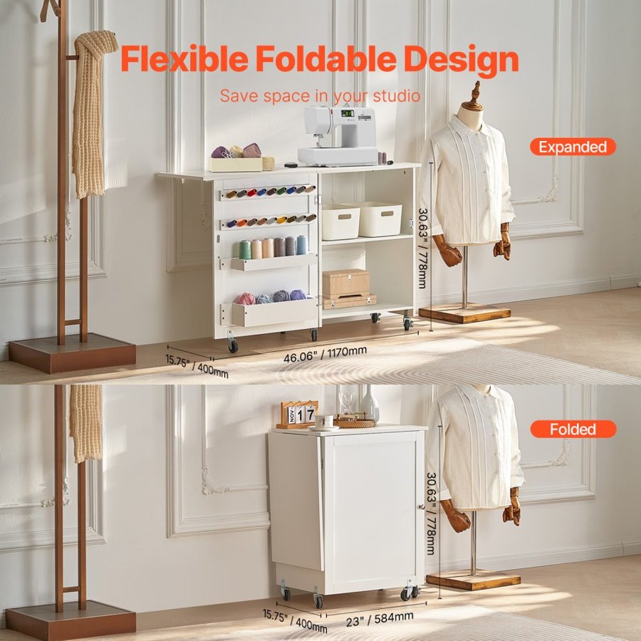 VEVOR Folding Sewing Table, Multipurpose Sewing Machine Table with Compact Design, Wheels, Shelves, Storage Trays, Wooden Pegs, and Magnetic Doors, Sewing Desk Cabinet for Sewing Machine, White