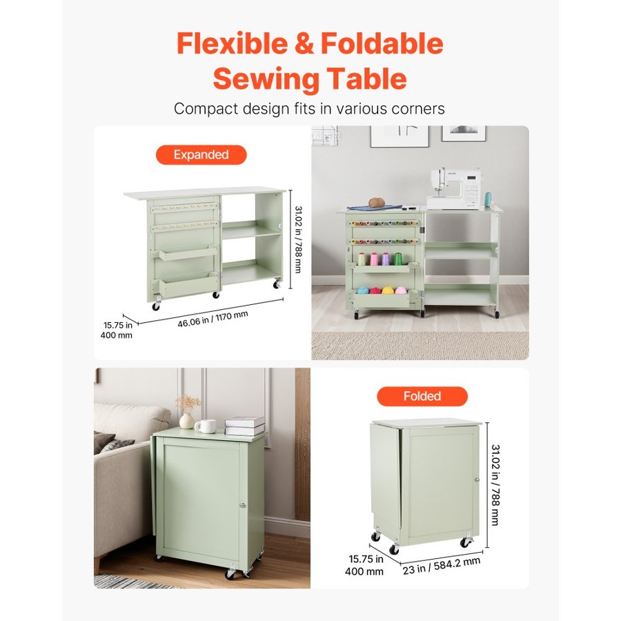 VEVOR Folding Sewing Table, Multipurpose Sewing Machine Table with Compact Design, Wheels, Wooden Pegs, Storage Trays and Shelf, Magnetic Door Lock, Craft Station and Side Desk for Home, Light Green