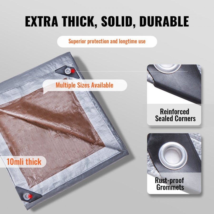 VEVOR Tarp Waterproof 487.7 x 609.6 cm, Plastic Poly Tarp Cover 0.25 mm, Multi Purpose Tear UV and Temperature Resistant Outdoor Tarpaulin with High Durability Reinforced Grommets (Silver/Brown)