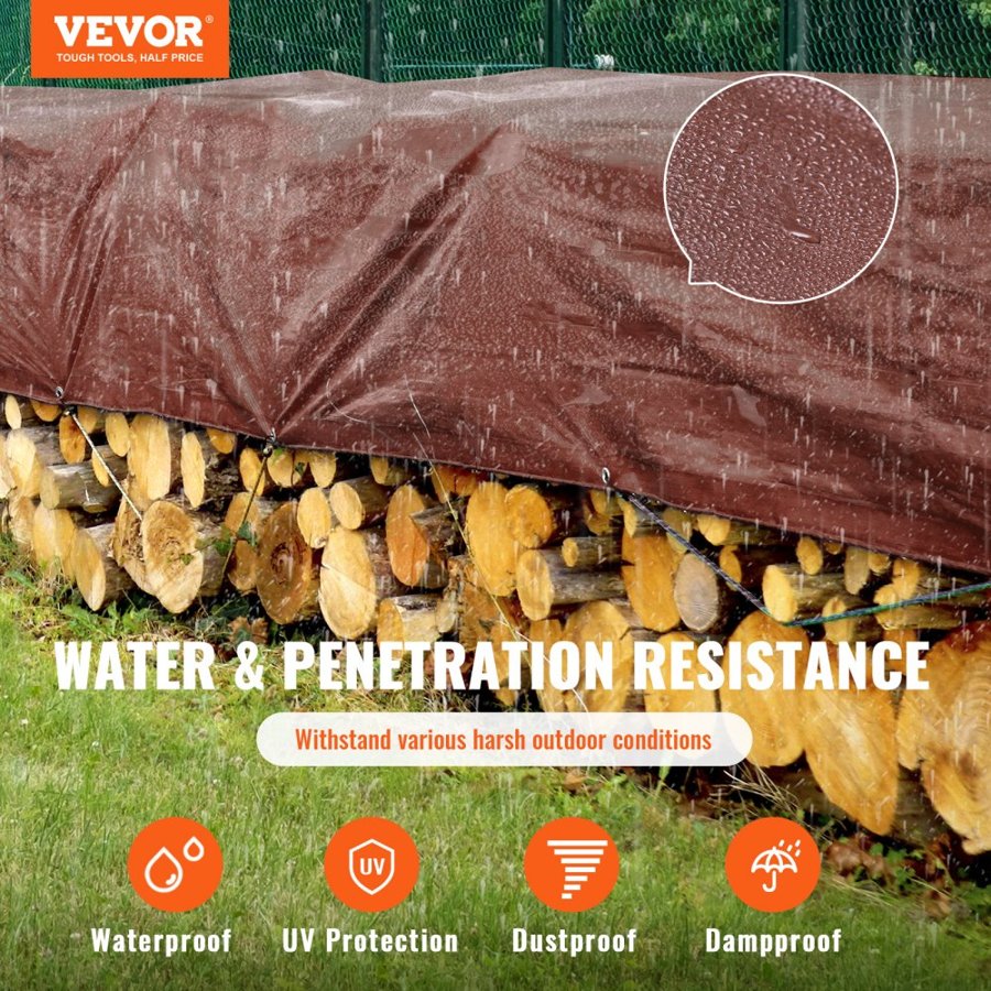 VEVOR Tarp 609.6 x 1219.2 cm 0.41 mm Extra Thick, Waterproof Poly Plastic Tarps Cover, Multi-Purpose Outdoor Tarpaulin with Grommets & Reinforced Edges for Truck, RV, Boat, Camping (Brown)