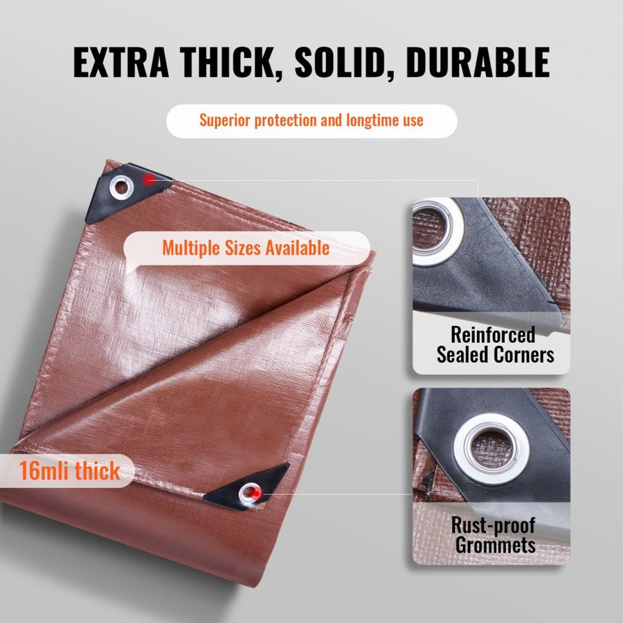 VEVOR Tarp 609.6 x 1219.2 cm 0.41 mm Extra Thick, Waterproof Poly Plastic Tarps Cover, Multi-Purpose Outdoor Tarpaulin with Grommets & Reinforced Edges for Truck, RV, Boat, Camping (Brown)