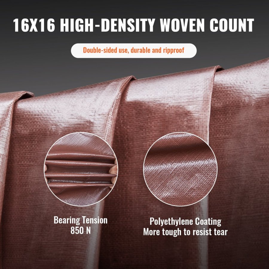VEVOR Tarp 609.6 x 1219.2 cm 0.41 mm Extra Thick, Waterproof Poly Plastic Tarps Cover, Multi-Purpose Outdoor Tarpaulin with Grommets & Reinforced Edges for Truck, RV, Boat, Camping (Brown)