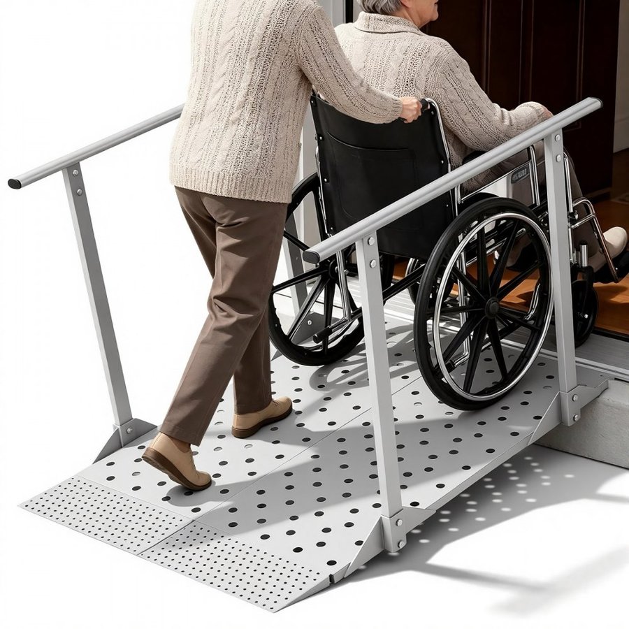 VEVOR Wheelchair Ramp with Handrails, 1140 x 850 mm, Heavy Duty Iron Handicap Ramp, 199.6 kg Capacity, Non-Slip Portable Threshold Ramps for Home Steps, Stairs, Doorways, Curbs, Walkers, Scooters