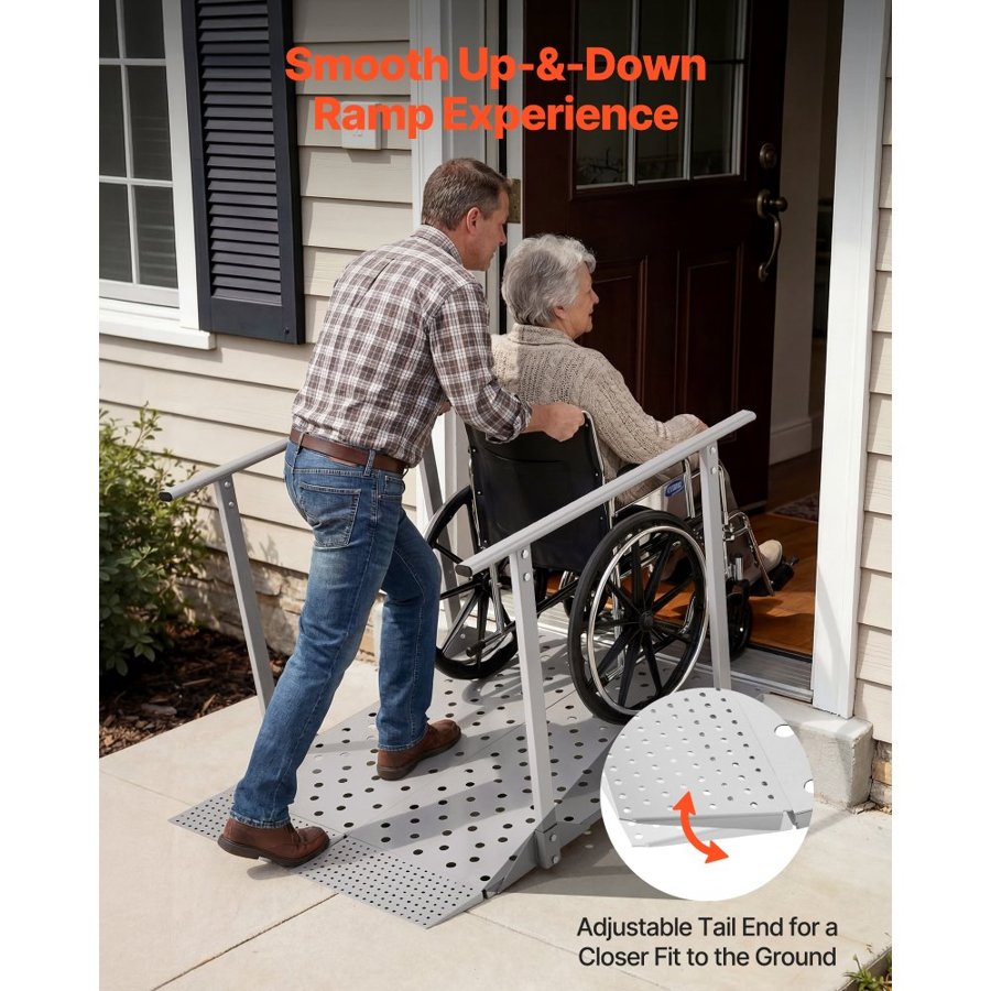 VEVOR Wheelchair Ramp with Handrails, 1140 x 850 mm, Heavy Duty Iron Handicap Ramp, 199.6 kg Capacity, Non-Slip Portable Threshold Ramps for Home Steps, Stairs, Doorways, Curbs, Walkers, Scooters