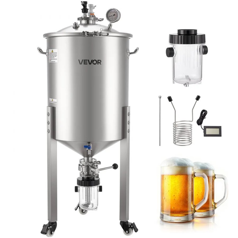 VEVOR Stainless Steel Conical Fermenter, 16 Gal/60L Home Brewing Fermenation Tank, Brew Bucket Fermentor with Conical Bottom, 3 Caster Wheels, Lid, Handle & Thermometer, for Wine, Beer Fermentation