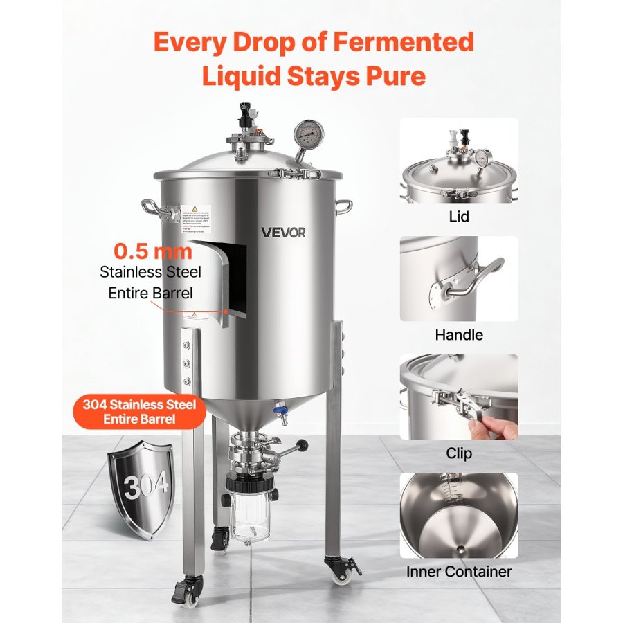 VEVOR Stainless Steel Conical Fermenter, 16 Gal/60L Home Brewing Fermenation Tank, Brew Bucket Fermentor with Conical Bottom, 3 Caster Wheels, Lid, Handle & Thermometer, for Wine, Beer Fermentation