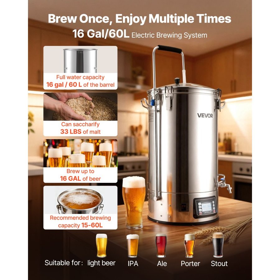 VEVOR Electric Brewing System, 16 Gal/60L Brewing Pot, 3000W Power All-in-One Home Beer Brewer with Recipe Memory, Auto/Manual Mode Mash Boil Device with Control Panel, 25-100℃ Temp & 1-180 min Timer