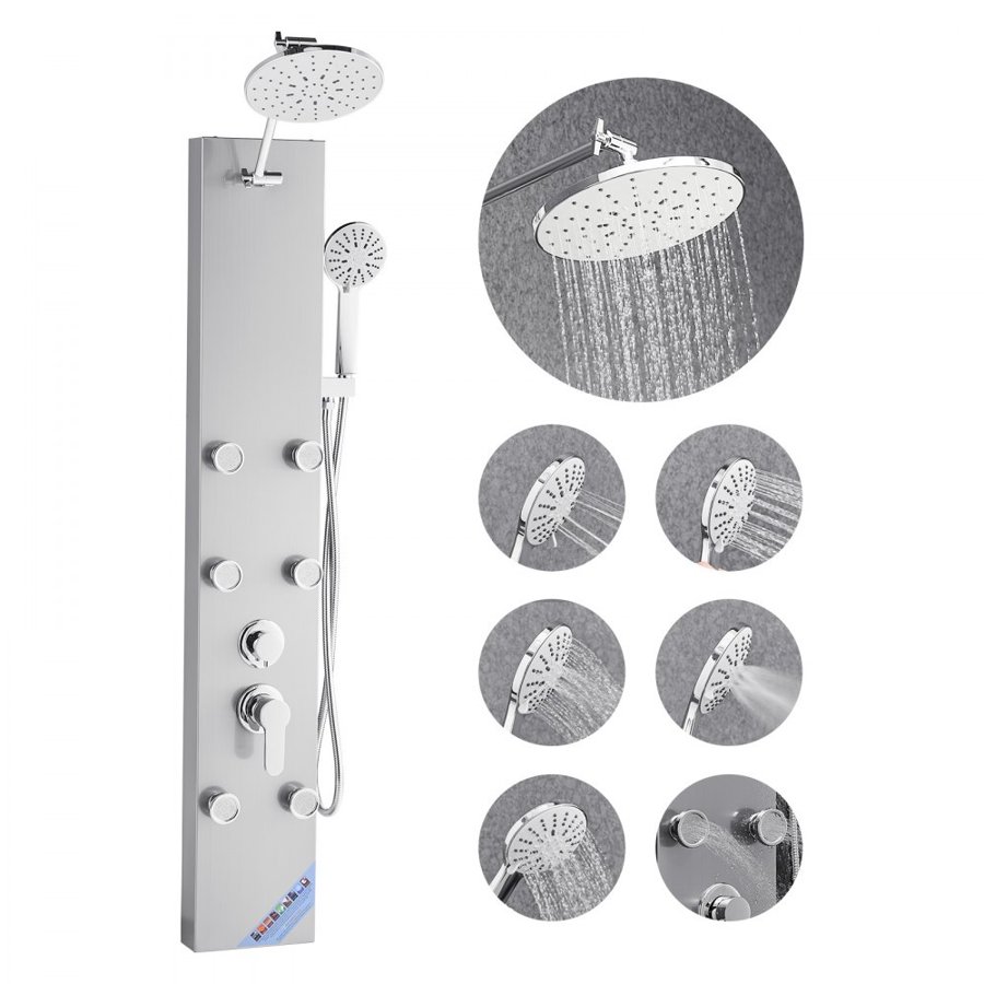VEVOR Shower Panel Tower System with Rainfall Shower Head, 49 in Brushed Stainless Steel Shower Column, 3-Function Faucet, High Pressure Wall-Mount Rain Massage System with 6 Body Jets and Handheld