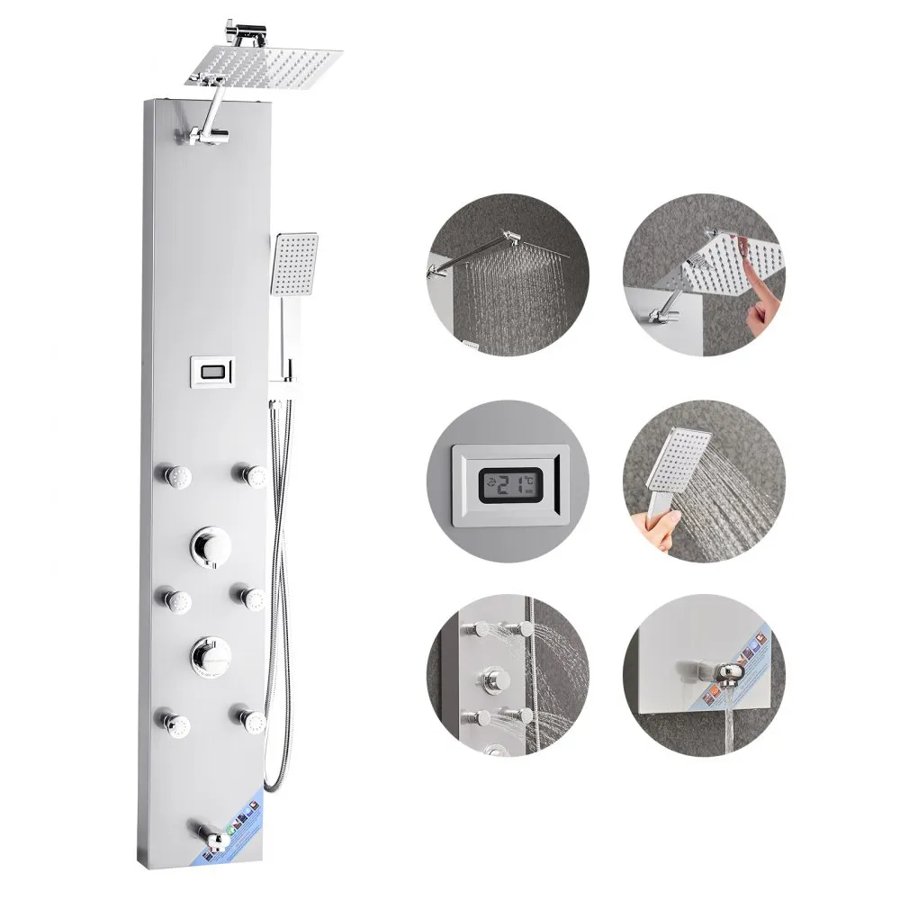 VEVOR Shower Panel Tower System with Rainfall Shower Head, LED, 49 in Brushed Stainless Steel Shower Column, 4-Function Faucet, Wall-Mount Rain Massage System with 6 Body Jets, Handheld, and Tub Spout
