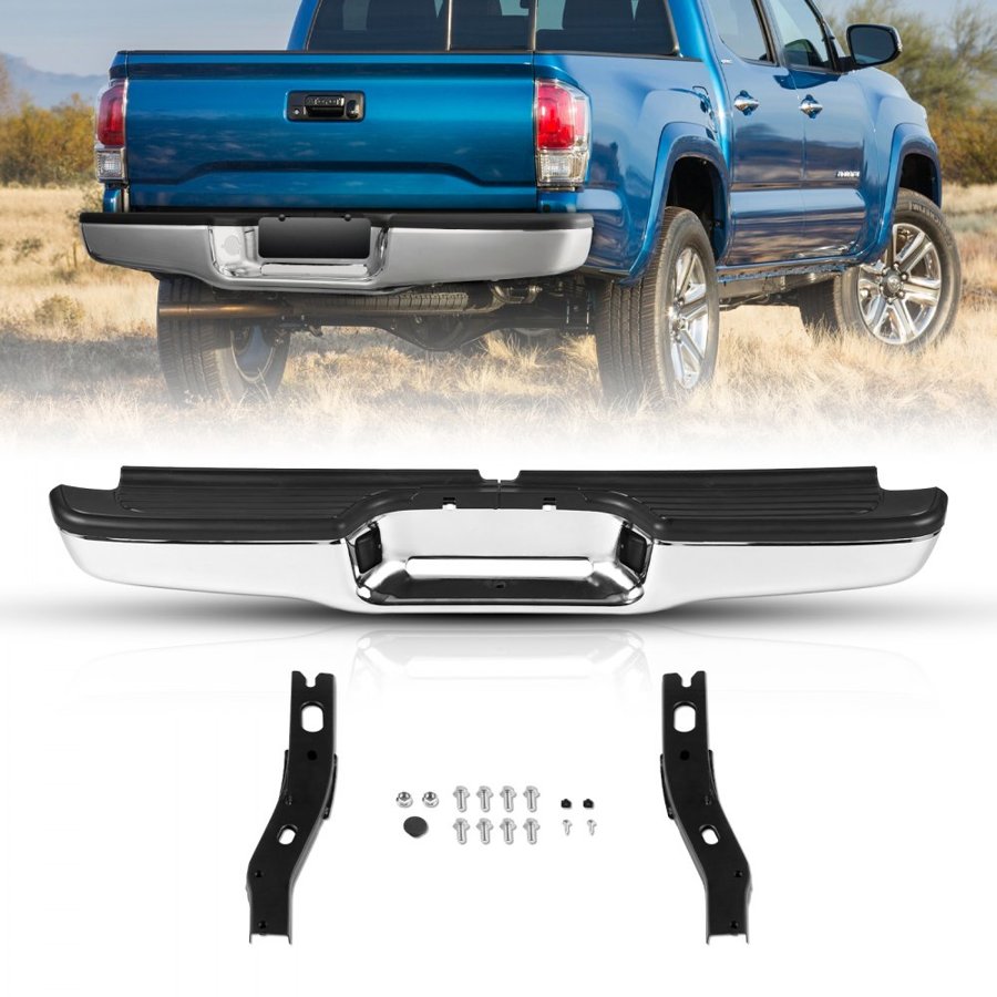 VEVOR Rear Step Bumper, Compatible with 1995-2004-Toyota Tacoma, Chrome Steel Back Bumper, Assembly Replacement Rear Bumper with License Plate Light and Step Pad, without Sensor Holes, for TO1102215