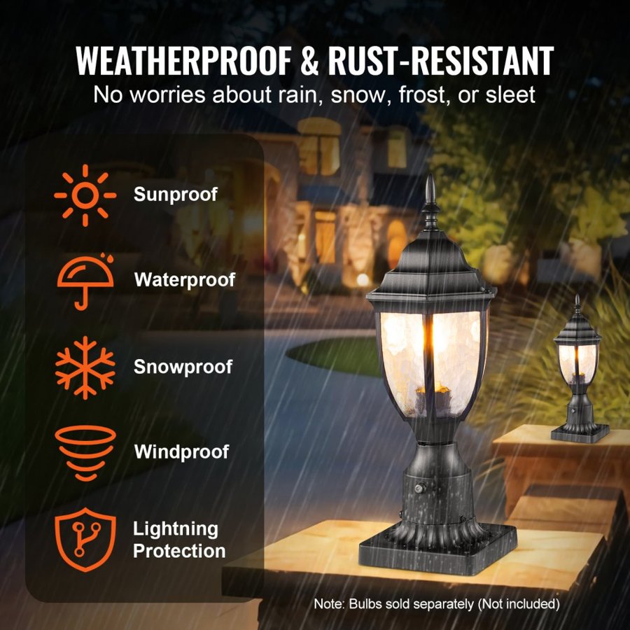 VEVOR 2 Pack Dusk to Dawn Outdoor Post Light, 390 mm, Waterproof Lamp Post Light Fixtures with 3.5 in Pier Mount Base Glass Shade, Lightning-proof Exterior Pole Column Light for Patio Garden Pathway