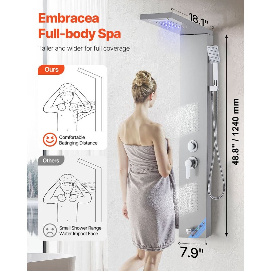 VEVOR Shower Panel Tower System with Rainfall Waterfall Shower Head, LED, 53 in Brushed Stainless Steel Shower Column, 5-Function Faucet, Wall-Mount Rain Massage System, with Handheld, Tub Spout