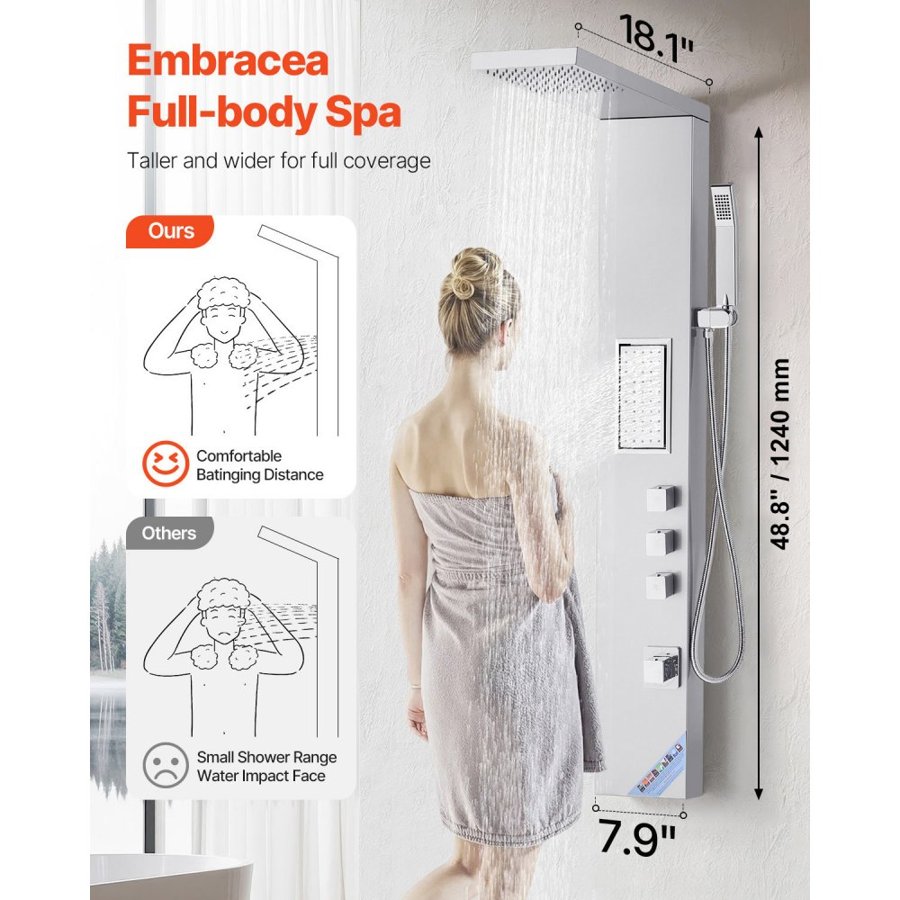 VEVOR Shower Panel Tower System with Rainfall Shower Head, 53 in Brushed Stainless Steel Shower Column, 3-Function Faucet, High Pressure Wall-Mount Rain Massage System, with Large Body Jet, Handheld