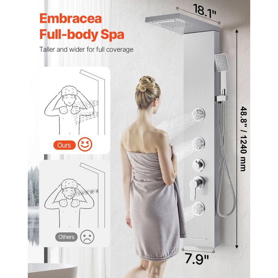 VEVOR Shower Panel Tower System with Rainfall Waterfall Shower Head, 53 in Brushed Stainless Steel Shower Column, 5-Function Faucet, Wall-Mount Rain Massage System with 3 Body Jet, Handheld, Tub Spout