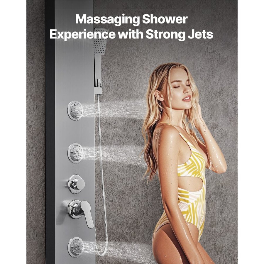 VEVOR Shower Panel Tower System with Rainfall Waterfall Shower Head, 53 in Brushed Stainless Steel Shower Column, 5-Function Faucet, Wall-Mount Rain Massage System with 3 Body Jet, Handheld, Tub Spout