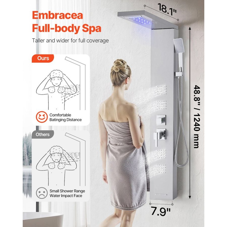 VEVOR Shower Panel Tower System with Rainfall Waterfall Shower Head, LED, 53 in Brushed Stainless Steel Shower Column, 5-Function Faucet, Wall-Mount Rain Massage System, with Handheld and Tub Spout