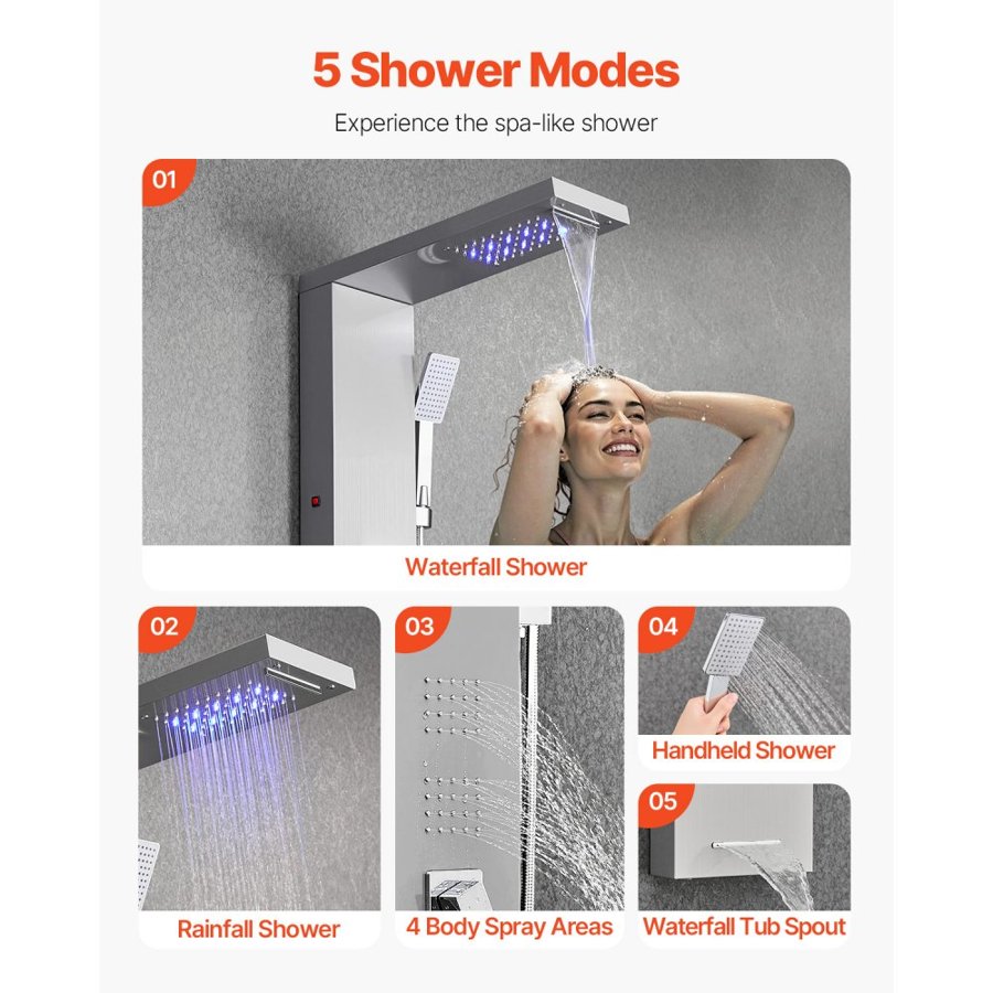 VEVOR Shower Panel Tower System with Rainfall Waterfall Shower Head, LED, 53 in Brushed Stainless Steel Shower Column, 5-Function Faucet, Wall-Mount Rain Massage System, with Handheld and Tub Spout