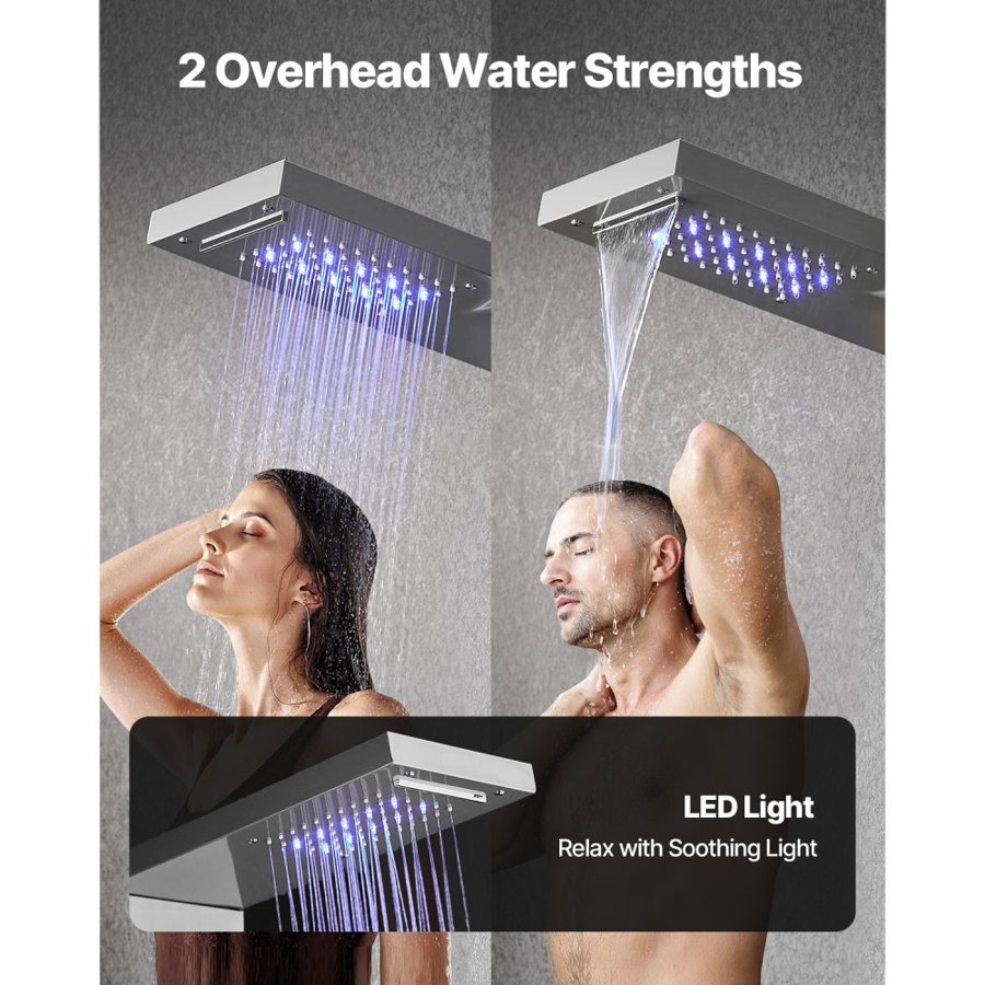 VEVOR Shower Panel Tower System with Rainfall Waterfall Shower Head, LED, 53 in Brushed Stainless Steel Shower Column, 5-Function Faucet, Wall-Mount Rain Massage System, with Handheld and Tub Spout