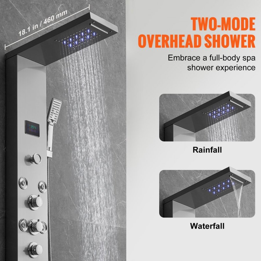 VEVOR Shower Panel System, 6 Shower Modes, LED & Screen Hydroelectricity Shower Panel Tower, Rainfall, Waterfall, 8 Massage Jets, Tub Spout, Handheld Shower, Stainless Steel Wall-Mounted Shower Set