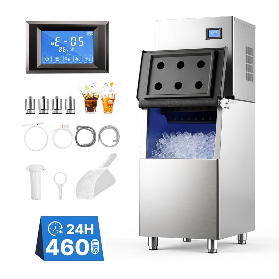 VEVOR Commercial Ice Maker Machine 209 kg/24H Ice-Making Stainless Steel, for Bar Cafe Restaurant Business, Ice Ready in 15 Mins, Freestanding with 113 kg Ice Storage Bin and Auto Self-Cleaning