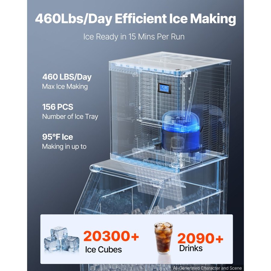 VEVOR Commercial Ice Maker Machine 209 kg/24H Ice-Making Stainless Steel, for Bar Cafe Restaurant Business, Ice Ready in 15 Mins, Freestanding with 113 kg Ice Storage Bin and Auto Self-Cleaning