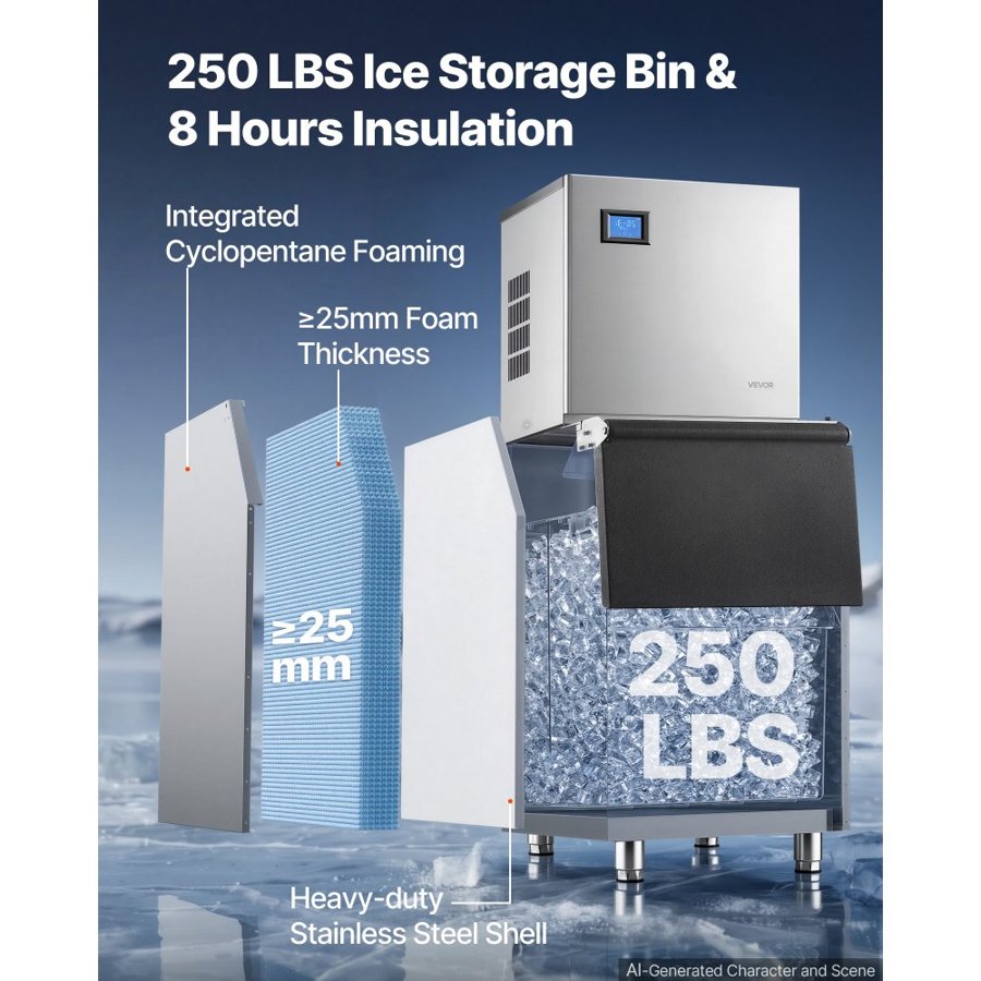 VEVOR Commercial Ice Maker Machine 209 kg/24H Ice-Making Stainless Steel, for Bar Cafe Restaurant Business, Ice Ready in 15 Mins, Freestanding with 113 kg Ice Storage Bin and Auto Self-Cleaning