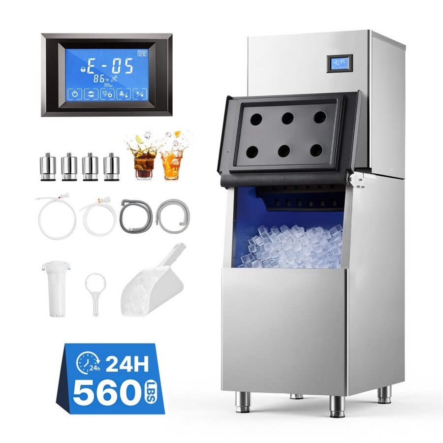 VEVOR Commercial Ice Maker Machine 254 kg/24H Ice-Making Stainless Steel, for Bar Cafe Restaurant Business, Ice Ready in 15 Mins, Freestanding with 113 kg Ice Storage Bin and Auto Self-Cleaning