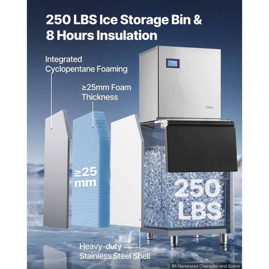 VEVOR Commercial Ice Maker Machine 254 kg/24H Ice-Making Stainless Steel, for Bar Cafe Restaurant Business, Ice Ready in 15 Mins, Freestanding with 113 kg Ice Storage Bin and Auto Self-Cleaning