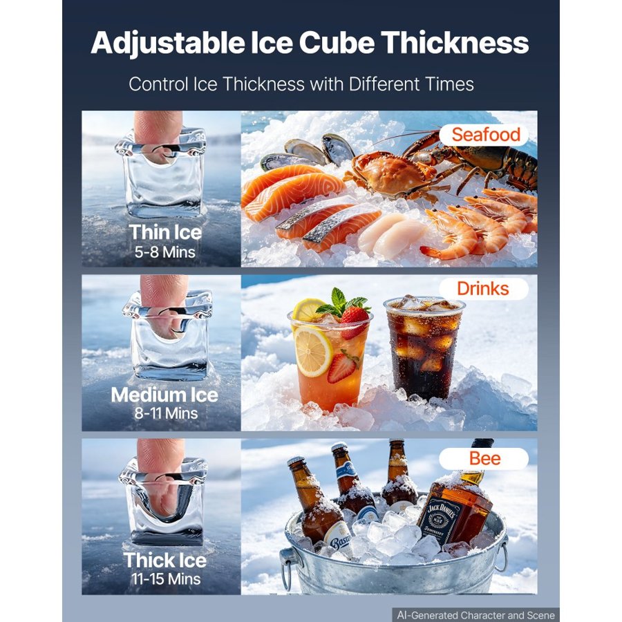 VEVOR Commercial Ice Maker Machine 254 kg/24H Ice-Making Stainless Steel, for Bar Cafe Restaurant Business, Ice Ready in 15 Mins, Freestanding with 113 kg Ice Storage Bin and Auto Self-Cleaning