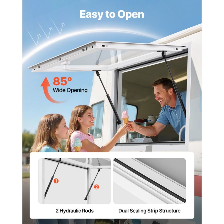 VEVOR Concession Window 92x61 cm, Aluminum Alloy Frame Service Window for Food Truck, Up to 85 Degrees Stand Serving Window with Awning Door and Drag Hook, Rainwater Resistant for Concession Trailers
