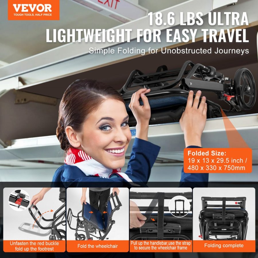 VEVOR Wheelchair Aluminum Alloy Transport Chair Foldable 40 cm W Seat 99.8 kg