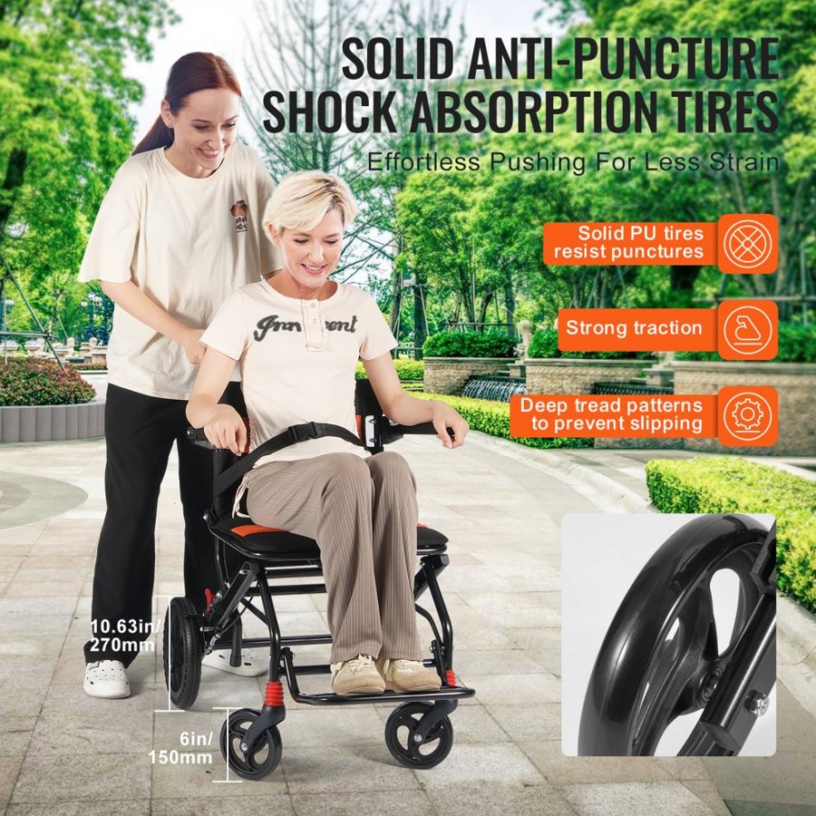 VEVOR Wheelchair Aluminum Alloy Transport Chair Foldable 45.7 cm W Seat 99.8 kg