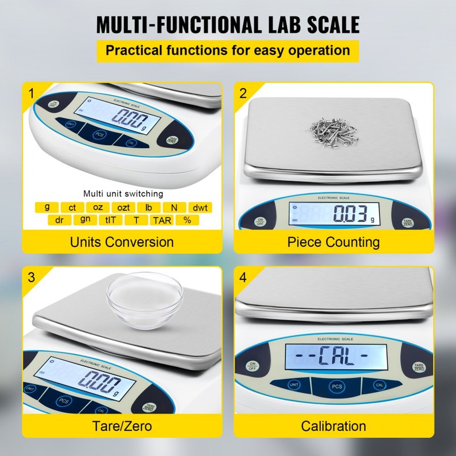 VEVOR Analytical Balance, 5000g x 0.01g Accuracy Lab Scale, High Precision Electronic Analytical Balance, 13 Units Conversion, Counting Function, LCD Display, for Lab University Jewelry (5000g, 0.01g)