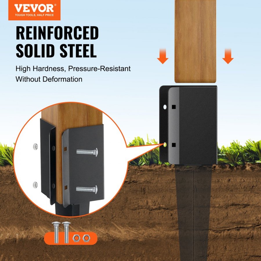 VEVOR Fence Post Anchor Ground Spike, 8 Pack 24 x 4 x 4 Inches/61 x 10.2 x 10.2 cm Outer Diameter (Inner Diameter 3.5 x3.5 Inches/ 8.9 x 8.9 cm), Metal Black Powder Coated Post Stake Ground, for Mailbox Deck Garden Railing