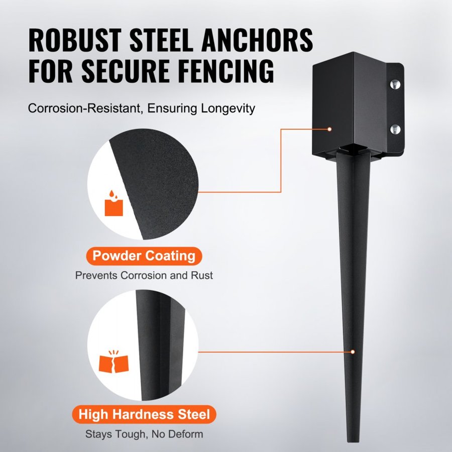 VEVOR Fence Post Anchor Ground Spike, 8 Pack 24 x 4 x 4 Inches/61 x 10.2 x 10.2 cm Outer Diameter (Inner Diameter 3.5 x3.5 Inches/ 8.9 x 8.9 cm), Metal Black Powder Coated Post Stake Ground, for Mailbox Deck Garden Railing
