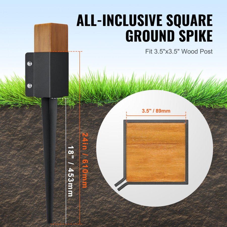VEVOR Fence Post Anchor Ground Spike, 8 Pack 24 x 4 x 4 Inches/61 x 10.2 x 10.2 cm Outer Diameter (Inner Diameter 3.5 x3.5 Inches/ 8.9 x 8.9 cm), Metal Black Powder Coated Post Stake Ground, for Mailbox Deck Garden Railing