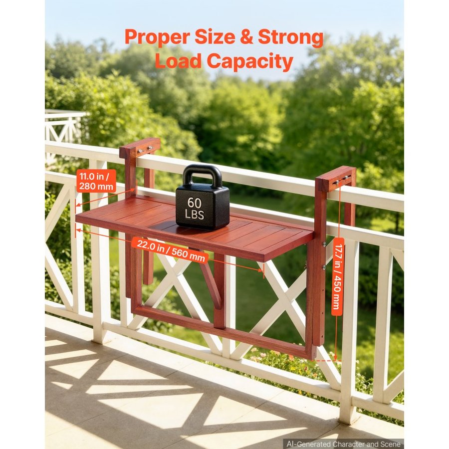 VEVOR Balcony Hanging Table 560 x 280 mm 27 kg Folding Railing Bar Table, for Outdoor Patio Garden Deck, Fits 80-135 mm Rails, 4-Level Adjustable Height, Durable Acacia Wood Material, Space-Saving
