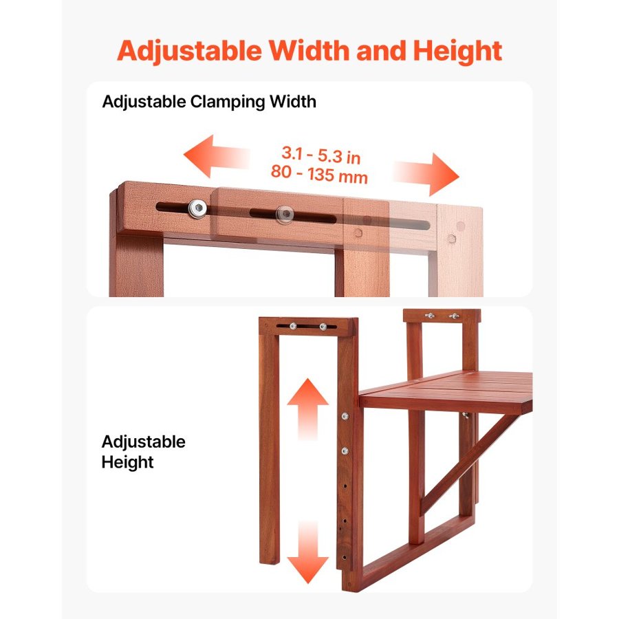 VEVOR Balcony Hanging Table 560 x 280 mm 27 kg Folding Railing Bar Table, for Outdoor Patio Garden Deck, Fits 80-135 mm Rails, 4-Level Adjustable Height, Durable Acacia Wood Material, Space-Saving