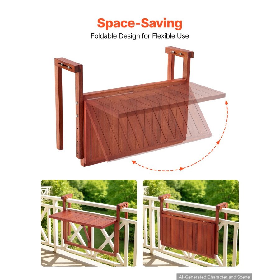 VEVOR Balcony Hanging Table 560 x 280 mm 27 kg Folding Railing Bar Table, for Outdoor Patio Garden Deck, Fits 80-135 mm Rails, 4-Level Adjustable Height, Durable Acacia Wood Material, Space-Saving