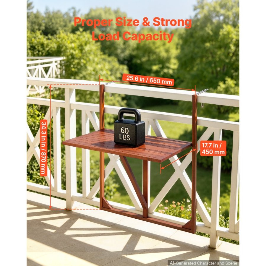 VEVOR Balcony Hanging Table 650 x 450 mm 27 kg Folding Railing Bar Table, for Outdoor Patio Garden Deck Use, Fits 0-70 mm Rails, Standing-Height Design, Durable Acacia Wood Material, Space-Saving