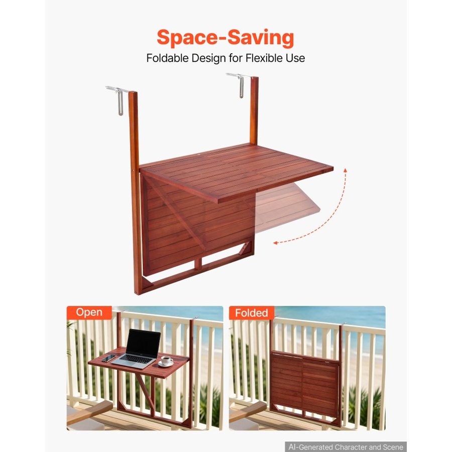 VEVOR Balcony Hanging Table 650 x 450 mm 27 kg Folding Railing Bar Table, for Outdoor Patio Garden Deck Use, Fits 0-70 mm Rails, Standing-Height Design, Durable Acacia Wood Material, Space-Saving