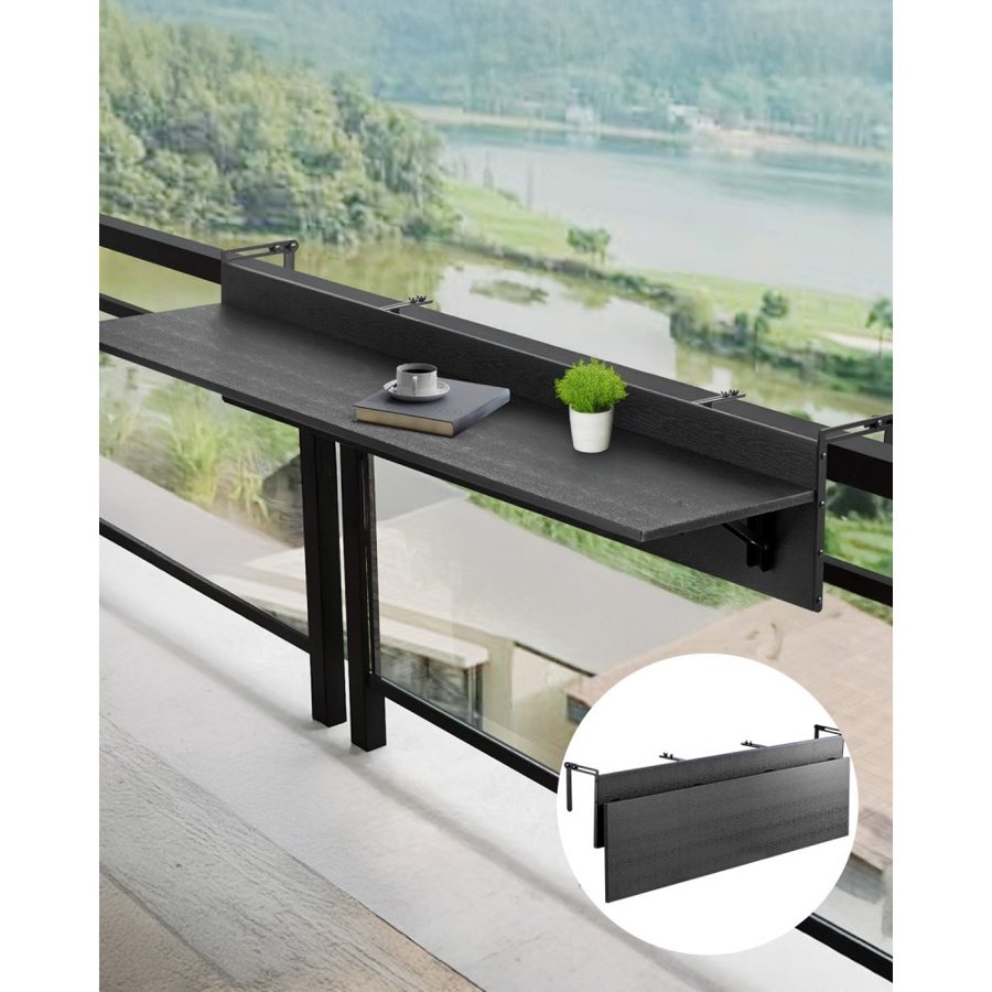 VEVOR Balcony Hanging Table, 12 x 59 in Folding Balcony Railing Table, Outdoor Balcony Bar Table for Railings, 50 lbs Loading, Fit Railing from 1" to 5.9", Serving Table for Patio & Deck