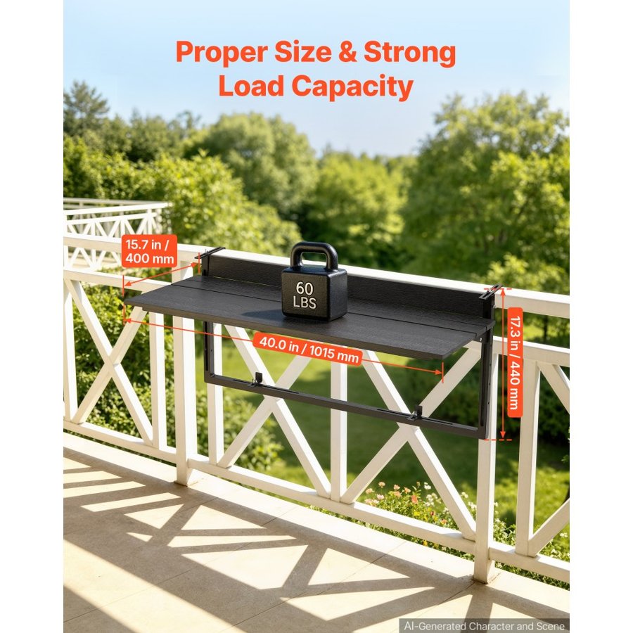 VEVOR Balcony Hanging Table 1015 x 380 mm 27 kg Folding Railing Bar Table, for Outdoor Patio Garden Deck Use, Fits 0-90 mm Rails, 5-Level Adjustable Height, Durable Wood-Plastic Composite Material
